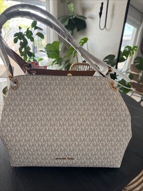 Michael Kors Beige Signature MK Monogram Shoulder Bag with Gold Hardware